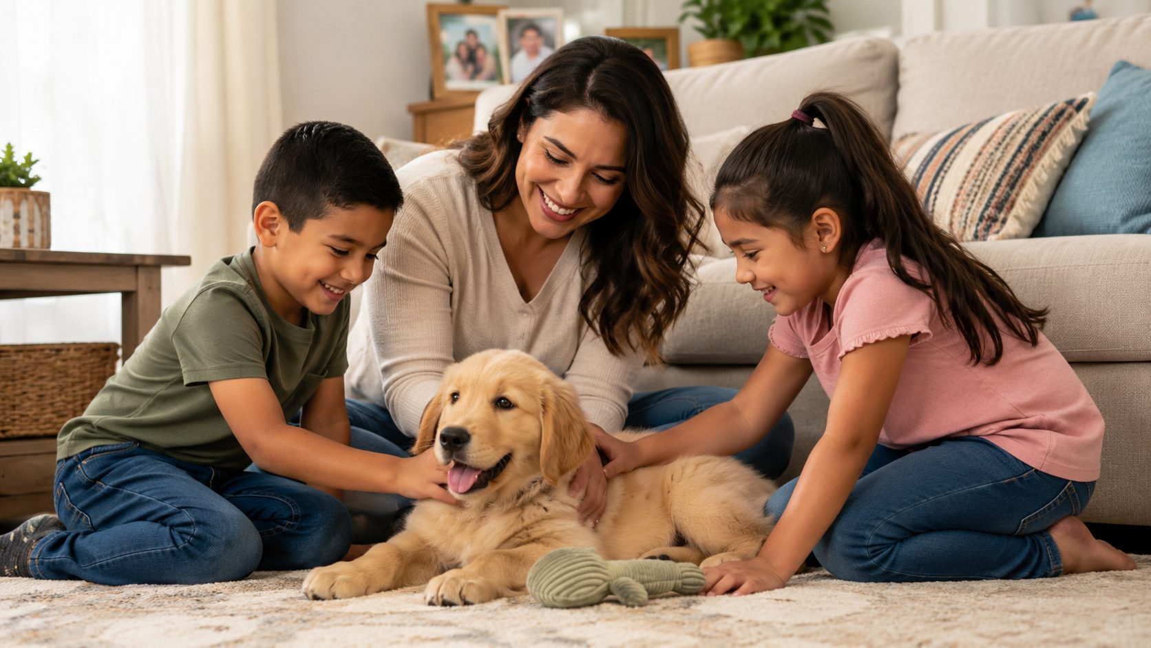 Familia feliz con su cachorro en Petland Janesville, Wisconsin